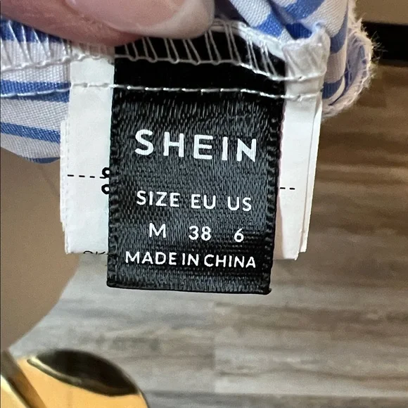 SHEIN Blue and White Striped Ruffle Button-Up Puff Sleeve Top - Picture 3 of 3